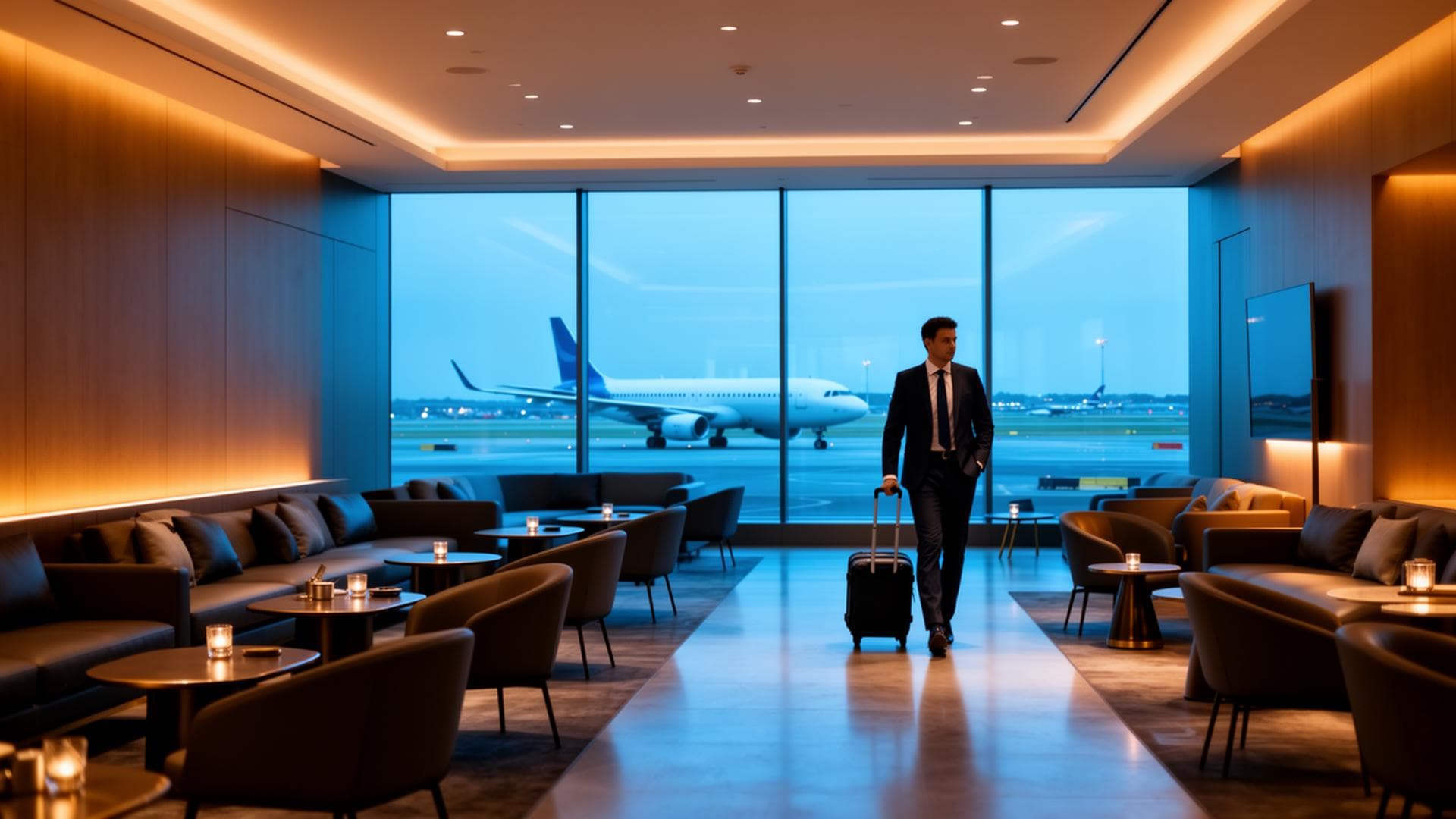Voyageur d'affaires dans un salon d'aéroport, avion en arrière-plan