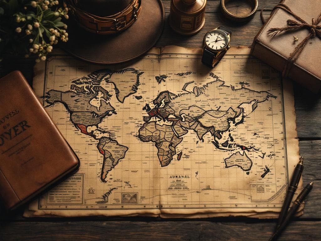 Symboles du voyage d'affaires : mappemonde, boussole et carnet