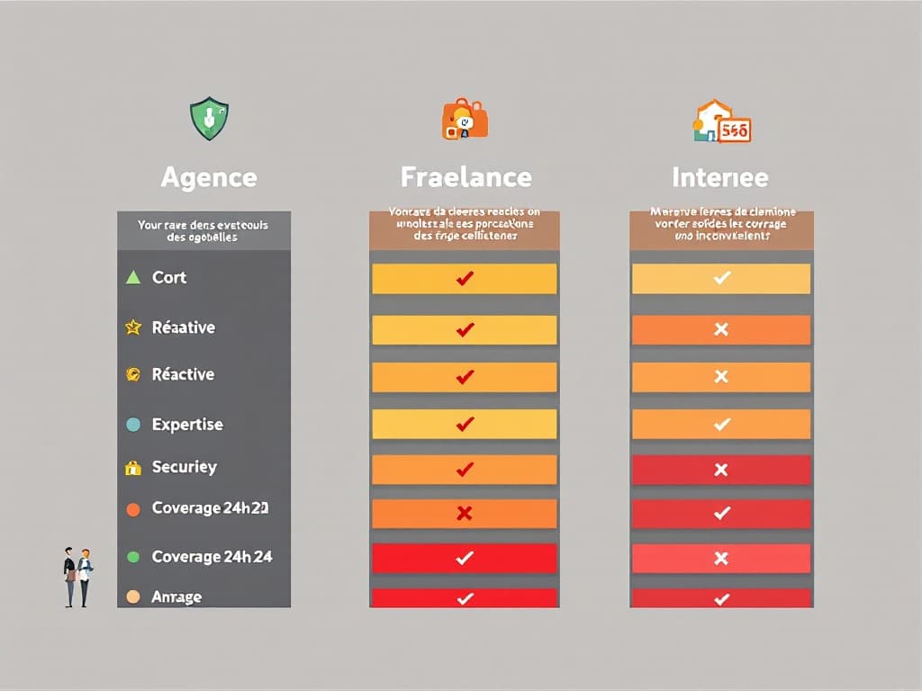 Graphique comparatif des avantages et inconvénients : agence vs freelance vs équipe interne