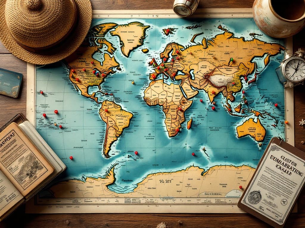 Symboles du voyage d'affaires : mappemonde, boussole, cartes d'embarquement
