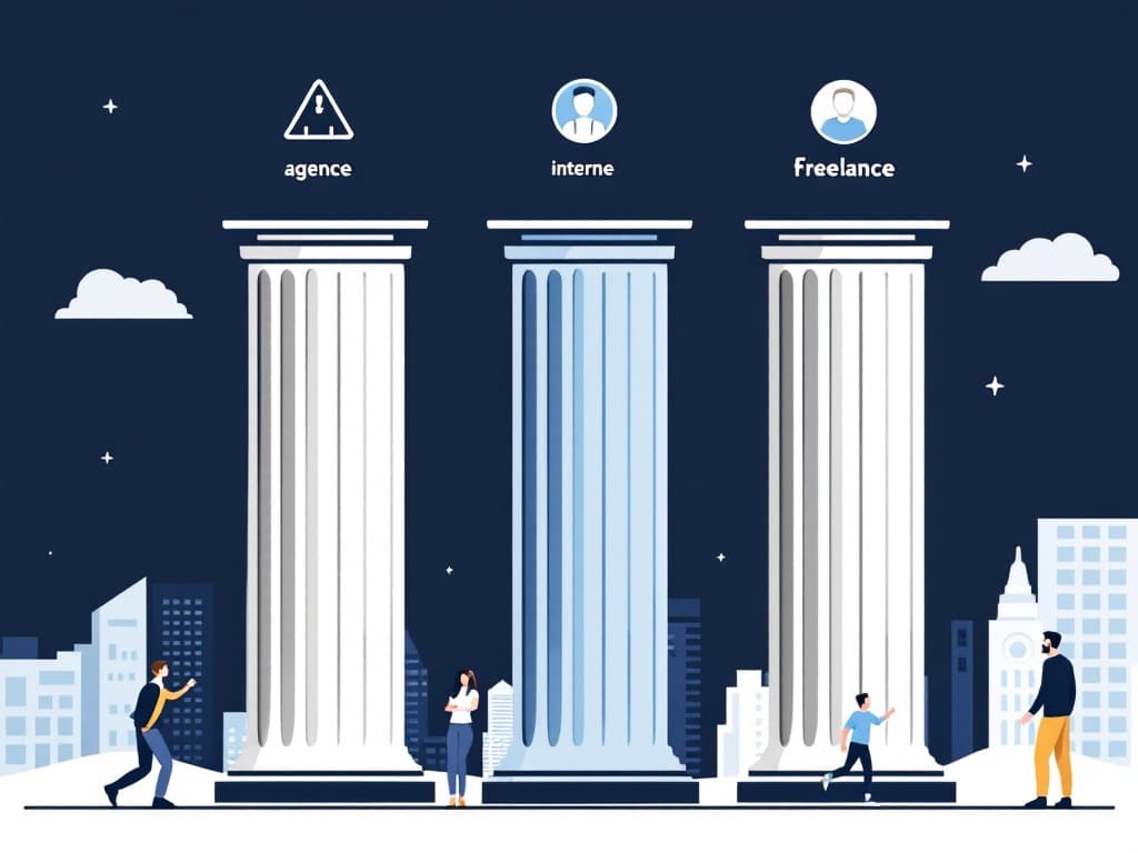 Comparaison visuelle entre gestion interne, freelance et agence professionnelle de voyages d'affaires