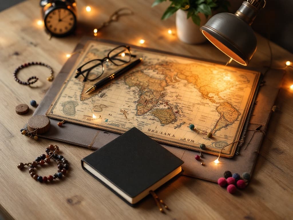 Symboles du voyage d'affaires : mappemonde, boussole et carnet de voyage