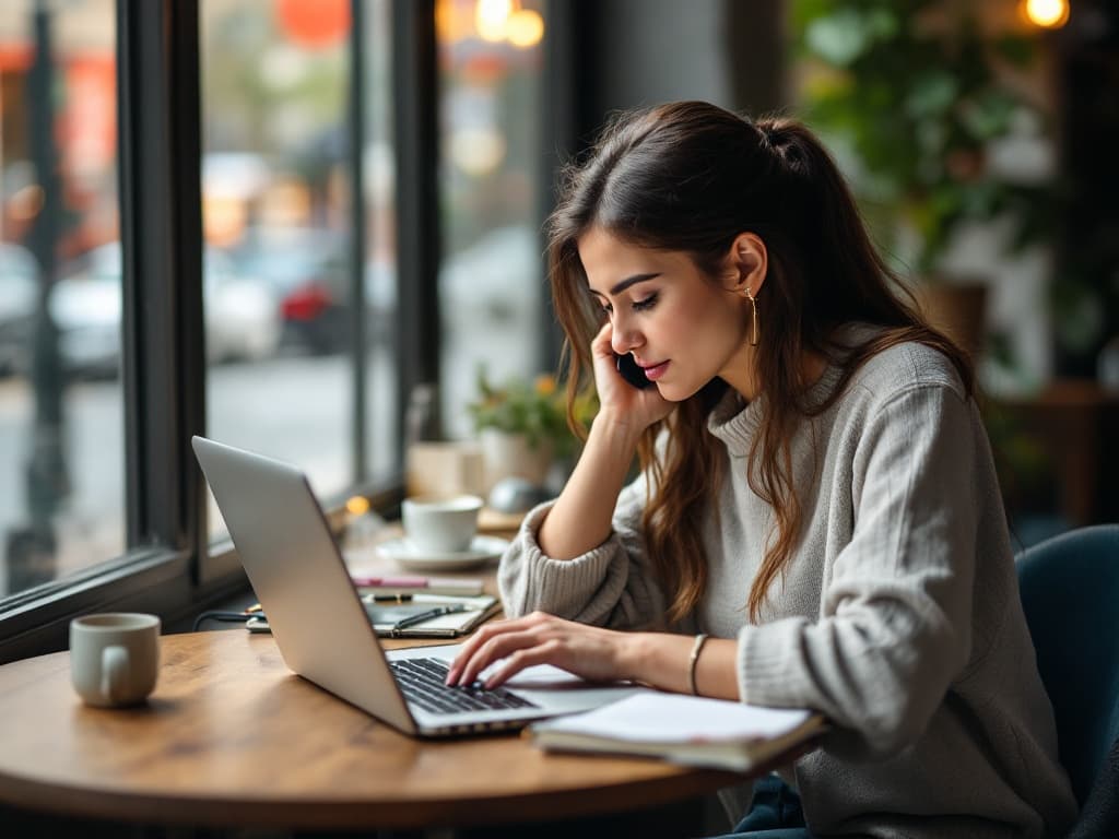 Freelancer travaillant sur son ordinateur portable dans un espace de coworking, notes et téléphone à proximité.