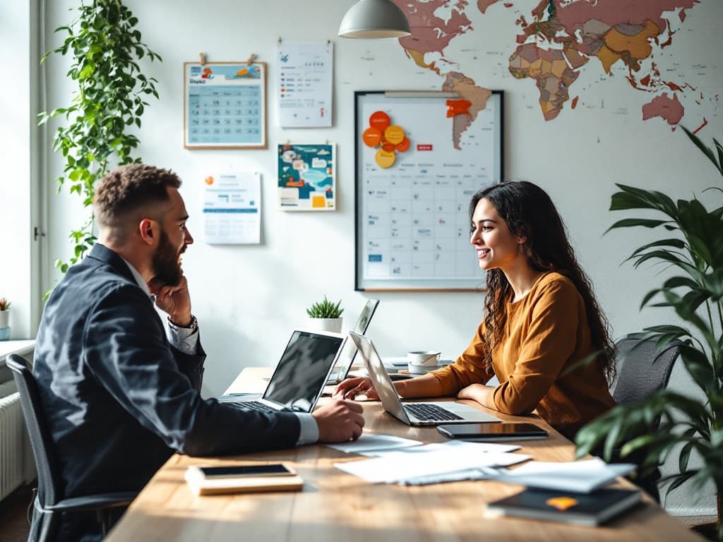 Équipe interne travaillant sur la gestion des voyages d'affaires, ordinateurs et documents de réservation visibles.