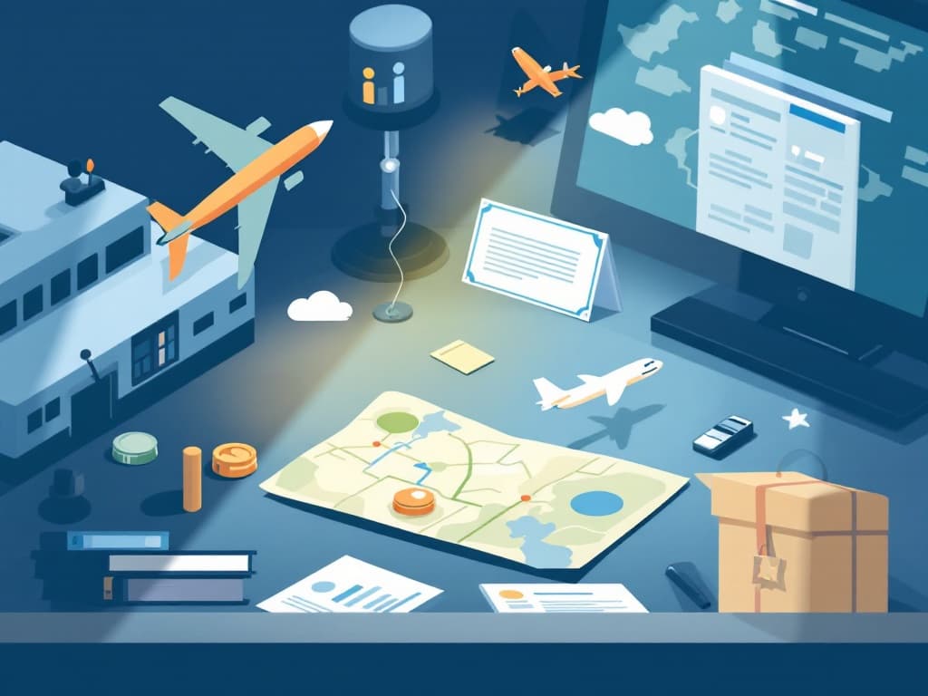 Symboles du voyage d'affaires : boussole, mappemonde, cartes d'embarquement, illustration conceptuelle.