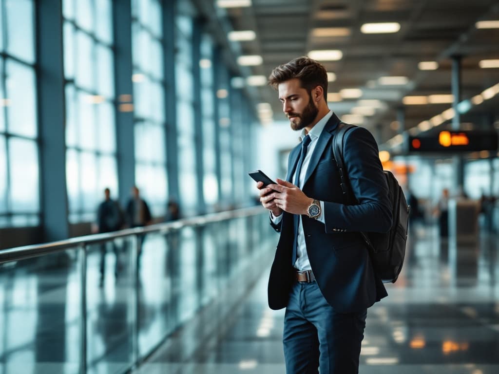Voyageur d'affaires en mouvement, valise et téléphone, gare ou aéroport moderne.