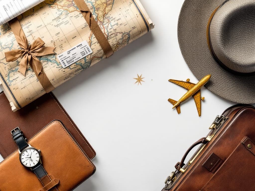 Symboles du voyage d'affaires : mappemonde, boussole, billet, valise