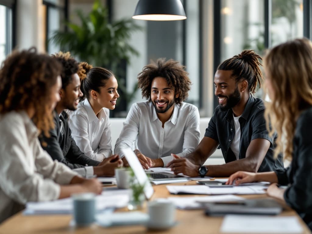 Équipe professionnelle en réunion de travail illustrant la collaboration d'entreprise