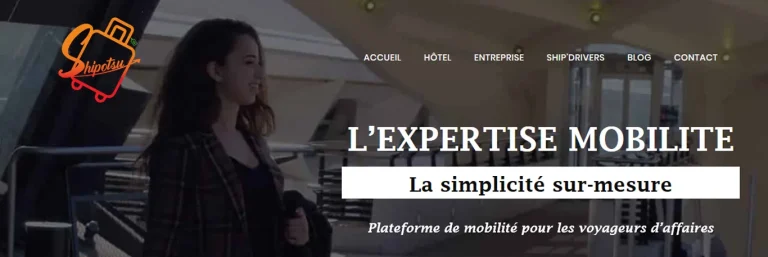 Capture d'écran du site web de Shipotsu CTA Business Travel, mettant en avant leur slogan 'L'EXPERTISE MOBILITÉ - La simplicité sur-mesure' et décrivant la plateforme comme une solution de mobilité pour les voyageurs d'affaires. Une femme avec une valise apparaît en arrière-plan, symbolisant les services de gestion des déplacements professionnels.