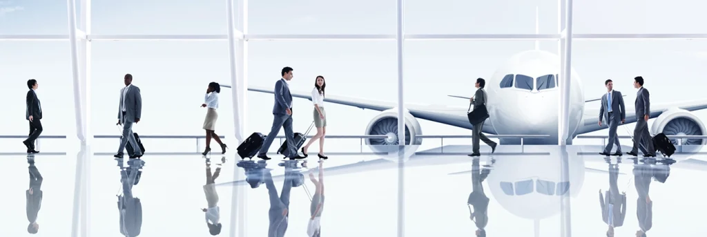 Des professionnels en tenue d'affaires marchant dans un terminal d'aéroport avec des valises à roulettes. Un avion est visible à travers les grandes fenêtres en arrière-plan. Cette image illustre la mobilité et l'efficacité des voyages d'affaires, mettant en avant la gestion fluide et professionnelle des déplacements internationaux par CTA Business Travel.